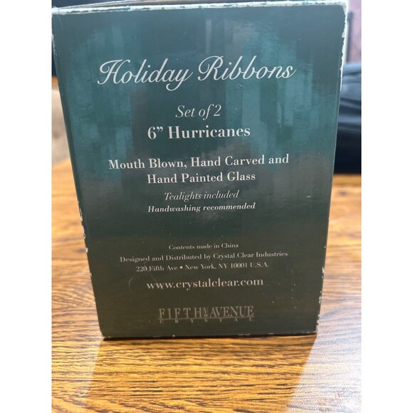 Holiday Ribbons 6" Glass Hurricane Candle Holders Set Of 2 Hand Painted Blown - Picture 2 of 5